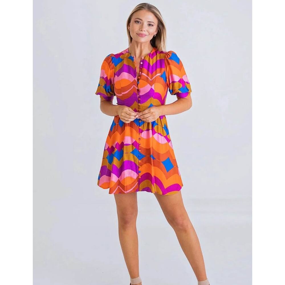 Karlie Medium 70's Orange Retro Inspiried Button Up Puff Sleeve Mini Dress